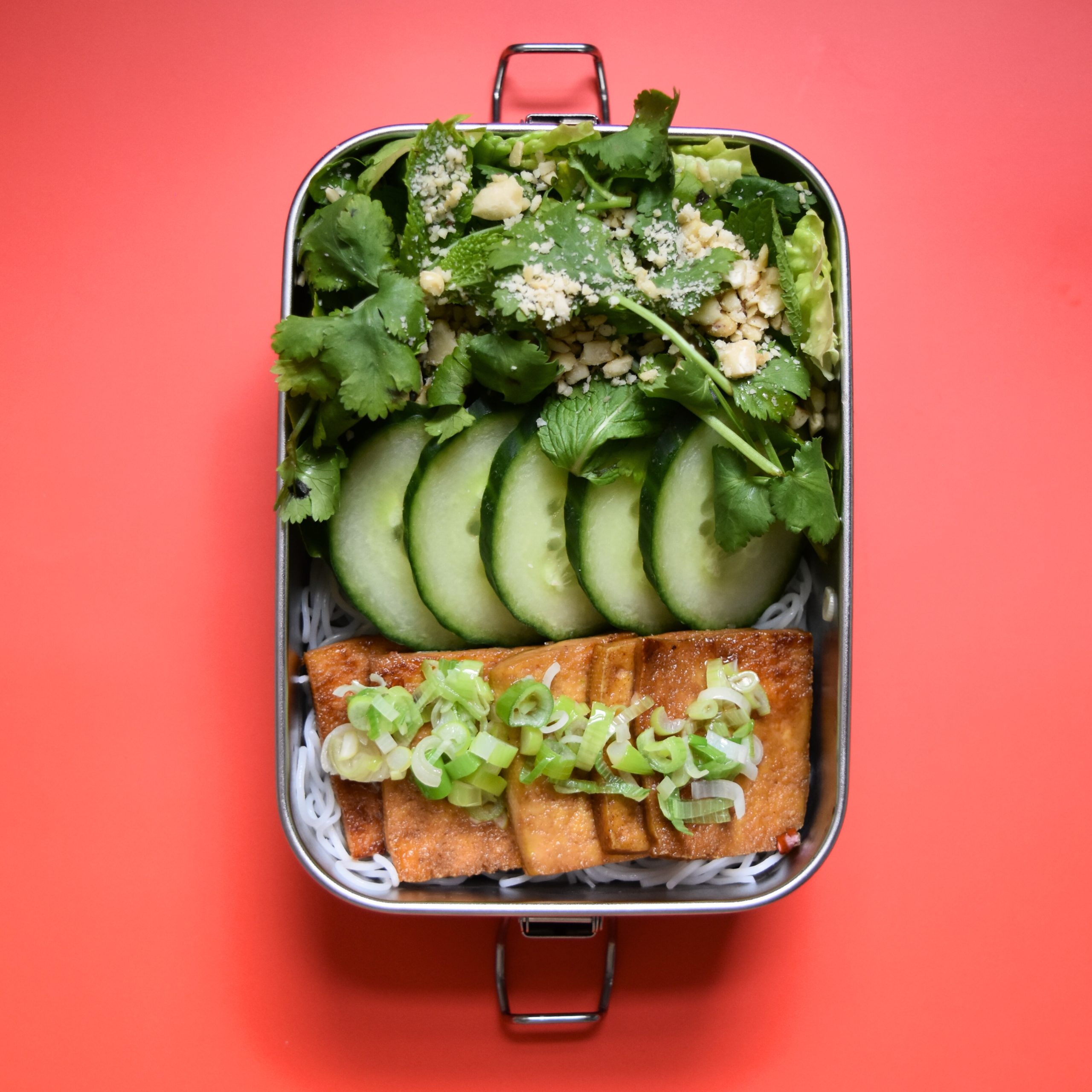 Spicy tofu noodle salad in a silver lunchbox on red background.