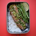 miso glazed salmon in lunchbox with green garlic beans